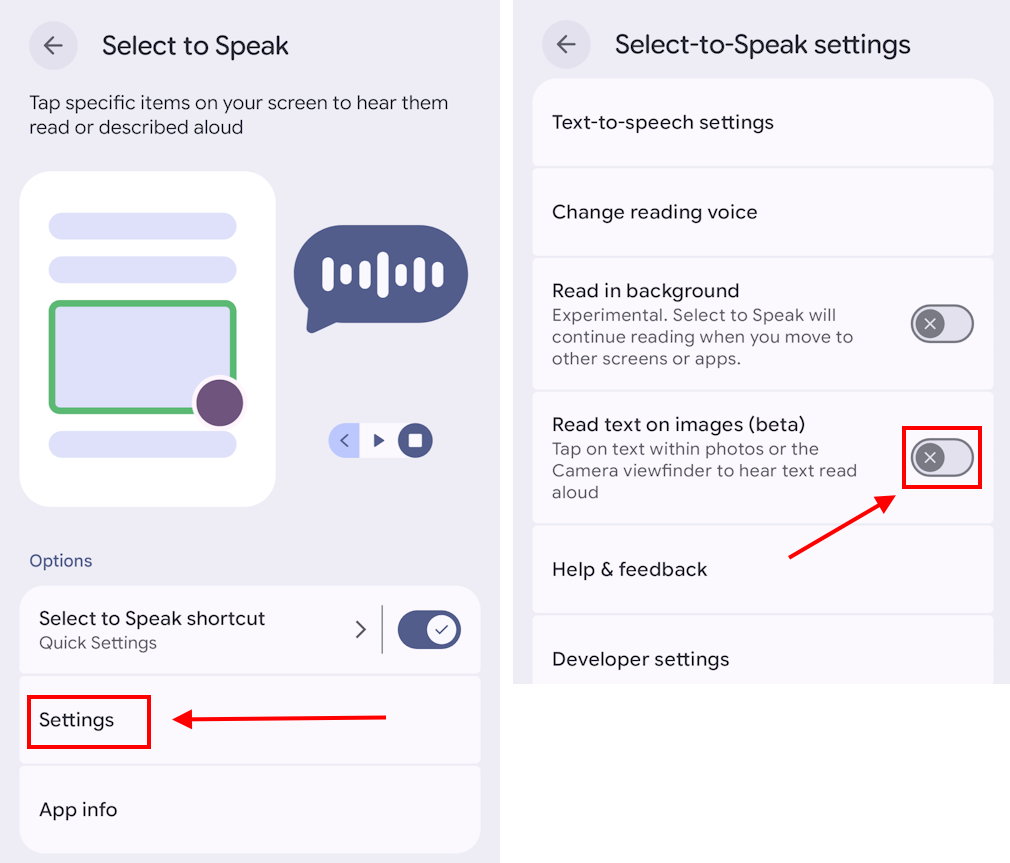 Tap Settings then tap the toggle switch for Read text on images to turn it on.